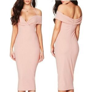NEW NOOKIE Revolve Athena Off Shoulder Bodycon Blush Pink Midi Dress Size Small